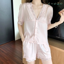 Ice Silk Pyjamas Lady Summer Thin Lace Side Sexy Temperament Pure Color Short Sleeve Shorts Suit Home Clothing