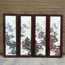 Antique ceramic plate painting collection Wang Yeting master works mahogany inlaid porcelain plate painting pastel landscape hanging screen
