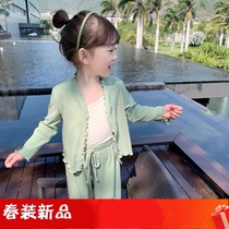 Girl set 2021 spring new childrens foreign cardigan baby casual pants little girl sling three sets