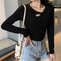 Oblique V neck long sleeve T-shirt jacket autumn and winter Joker hollow leak collarbone coat women wear sexy base shirt thin