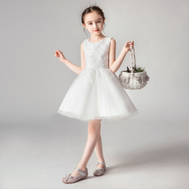 Girls white dress foreign princess dress flower girl wedding dress puffy gauze childrens small host piano performance dress summer