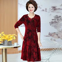 Middle-aged and elderly golden velvet dress high-end foreign style womens modified cheongsam spring and autumn retro elegant slim base skirt