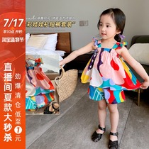 Korean Childrens clothing Girls summer clothes new graffiti colorful doll shirt Shorts set Temperament childrens two-piece set