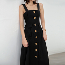 Black suspender cold wind dress summer long single-breasted strap long skirt over knee high waist temperament