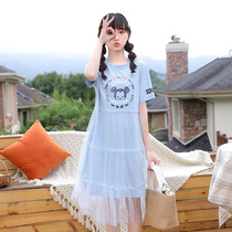 Girl dress womens summer gauze stitching short sleeve cartoon T-shirt college style high school students junior high school skirt