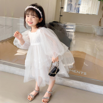 Girl Bubble Cuff Princess Dress Spring Autumn Clothing 2022 New Children White Yarn Dress Lace Skirt Children Dress