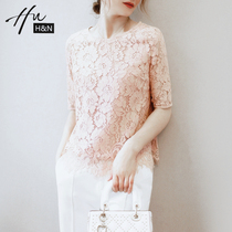 Lace shirt Women design sense niche 2021 new foreign style round neck loose thin Half sleeve Joker top women