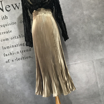 Metal color folds Lean Fish Tail Half Body Dress Woman Spring Summer High Waist Black Fix Plexu Dress Temperament Long Skirt
