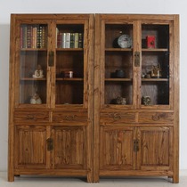 Full solid wood bookcase combination Chinese furniture study bookcase living room glass display cabinet retro Elm lockers