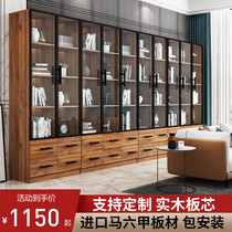 Bookcase Glass door with door Solid wood custom full wall combination living room display cabinet Light luxury floor-to-ceiling Nordic simple bookcase