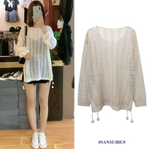 Hollow knitted blouse spring foreign womens pullover loose lazy wind 2021 new grid thin bottoming sweater