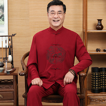 Chinese style autumn long sleeve linen suit Tang suit middle-aged and elderly mens father with fat plus size cotton shirt
