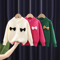 Girls knitted cardigan 2021 autumn and winter new bow sweater baby long-sleeved V-neck top childrens jacket