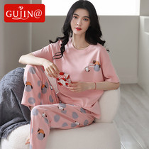Gujin@Pajamas Womens summer pure cotton short-sleeved trousers summer thin section sweet home clothes can be worn outside cotton suit