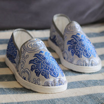 Guofeng original design new pure handmade lasagline shoes women mens blue and white porcelain brocade breathable health cloth shoes
