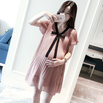 Bow lace-up pleated pregnant dress womens summer loose size small fat MM chiffon short sleeve skirt