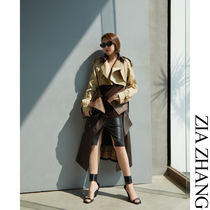 Z boss British detective Sheepskin stitching raglan sleeve long leather windbreaker woman