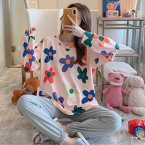 Pajamas womens spring and autumn long-sleeved Korean version sweet and cute students loose autumn and winter thin models can be worn outside home clothes suit