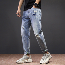 Breaking Hole Jeans Mens Summer Thin loose Tide Cards Personality Trends Youth Long Pants 90% Pants Patches Kharen Pants