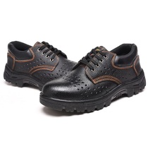 Construction Machinery Industrial Site Shoes Anti-Smash Piercing Summer Bull Leather With Holes Breathable Shoes Wear Resistant Anti Slip Oil Resistant