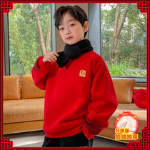 Boy gush thicken sweatshirt winter clothing 2021 new children Chinese winewear year with red national tide blouse 12 years old