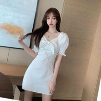 French bow vintage sleeve dress womens summer solid color thin waist A word pullover bubble skirt regular