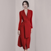 Thai trendy brand OL socialite temperament dress autumn and winter new red waist design sense niche suit skirt dress