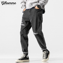 Autumn mens ripped jeans youth loose straight black pants Korean version of the trend brand trousers tooling