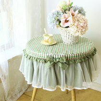 Wash cotton blue plaid small round table cloth round household table cloth coffee table cotton lace round bedside table cover