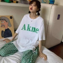 New pajama suit womens casual short-sleeved top summer pants Pants loose age-reducing plaid home wear two-piece set