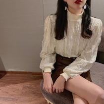 Autumn and winter 2021 new semi-high collar lace base shirt womens long-sleeved embroidered mesh small shirt with lace top