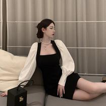 Bump Color Bubble Cuff long sleeves Dress Shirt Dress Autumn Dress 2022 New Womens Dress Cashew Slim Temperament Bag Hip Skirt