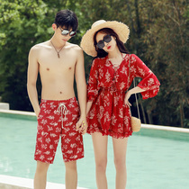 Couple swimsuit female super fairy covering belly thin bikini three-piece long sleeve sunscreen swimsuit men Beach pants hot spring