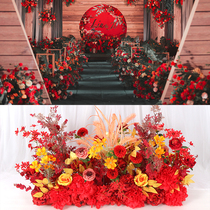 New red wedding flowers row red gold wedding flower wedding ceremony wedding hall stage welcome background KT board flower strips