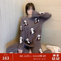 Panda soft pajamas womens autumn and winter thickened half-sided velvet warm couples coral velvet mens puff home suit suit