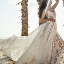 Bohemia Beach seaside tour retro lace nude champagne photo outside shoot outdoor sling light wedding dress