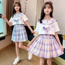 Girls Summer clothes 2022 new short sleeves Rabbit Ears Children JK Uniform Dress Genuine plexeplexu skirt suit Summer elementary school children