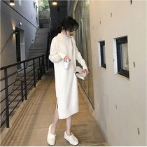 Half-height collar Long sleeves knit dress 2022 autumn Winter new net red with bottom opening fork sweater skirt woman