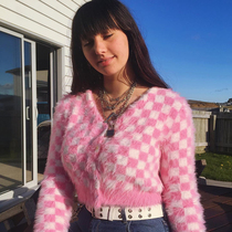 Hanfeng retro Harajuku pink plaid cardigan short sweater coat female chic slim slim top T-shirt tide tide