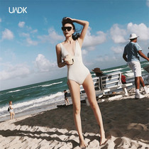 High fork one-piece swimsuit Deep V Supper 2022 New tide Large breasts Slim Cover Triangle Lace Sexy Bikini