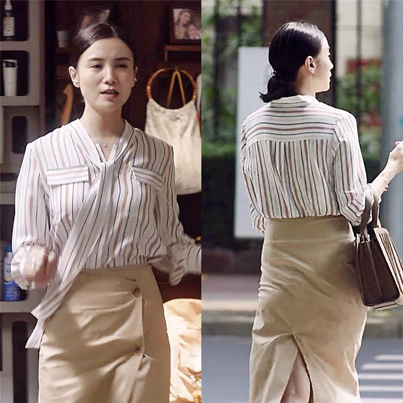 小舍得宋佳同款衣服女长飘带白色条纹衬衫春夏宽松设计感高级上衣