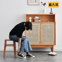Nordic household entrance rattan woven solid wood door opening shoe cabinet small apartment type Japanese simple modern large capacity storage entrance