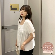 Wang Grape slightly fat mm one-word collar thin lace-up shirt Summer loose meat cover plus size wild short-sleeved top