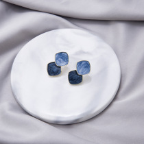 Japan and South Korea 925 Silver Needle Dripping Oil Contrast Color Pearl Screw Clamp Earrings Personality Simple Geometric Earrings Haze Blue Ear