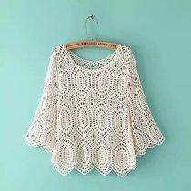 Summer womens seven-point sleeve short hollow base shirt pullover lace shirt top womens knitted blouse short shirt