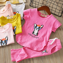  Girls  short-sleeved suit 2020 new summer childrens cartoon dog short-sleeved Korean casual baby two-piece suit