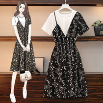 Large size womens floral dress 2021 new fat mm summer medium-long section belly reduction foreign-style fairy skirt