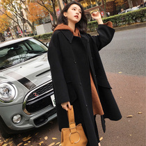 Sandro Svpr black double-sided cashmere coat 2021 autumn and winter New Hepburn Wind medium long woolen coat