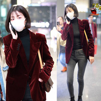 Velvet small suit jacket female Korean version of the mid-length wild casual slim slim chic Hong Kong retro suit trend
