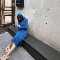 2022 autumn Winter new knitted open fork Lido dress Lazy Wind with a long section of the hat Knee Sweater Skirt woman